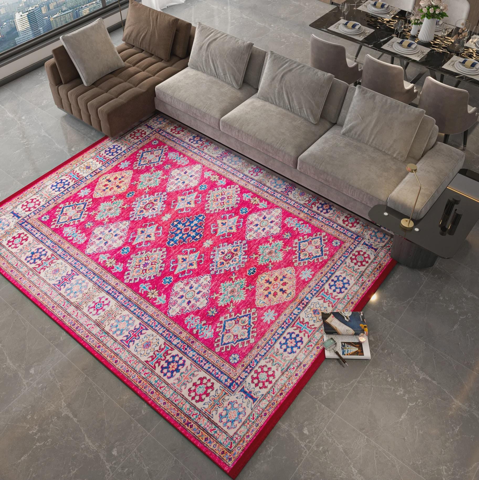 Red Oriental Kazak Rug: Classic Vintage Washable Carpet with Tassels