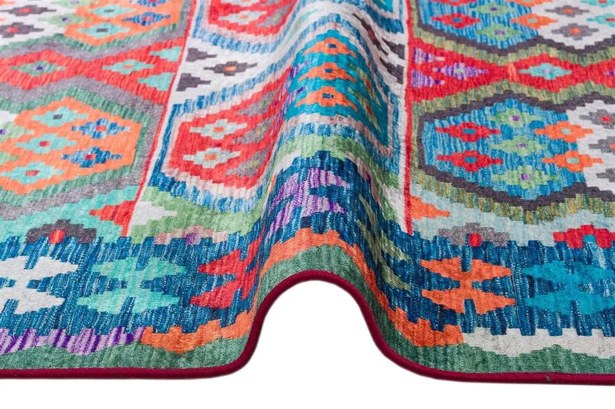 Vintage Kilim Design Rug: Washable Blue Living Room Rug