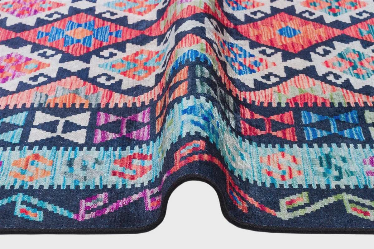 Vintage Kilim Design Rug: Washable Blue Living Room Rug