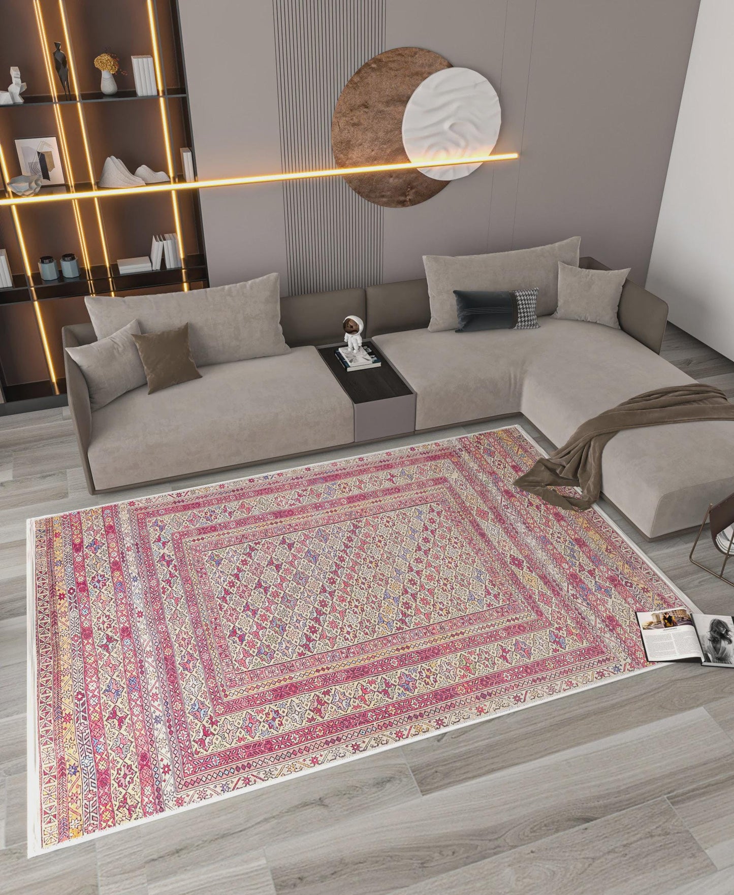 Vintage Afghan Rug: Washable Beige Living Room Carpet