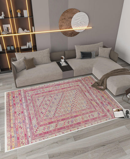 Vintage Afghan Rug: Washable Beige Living Room Carpet