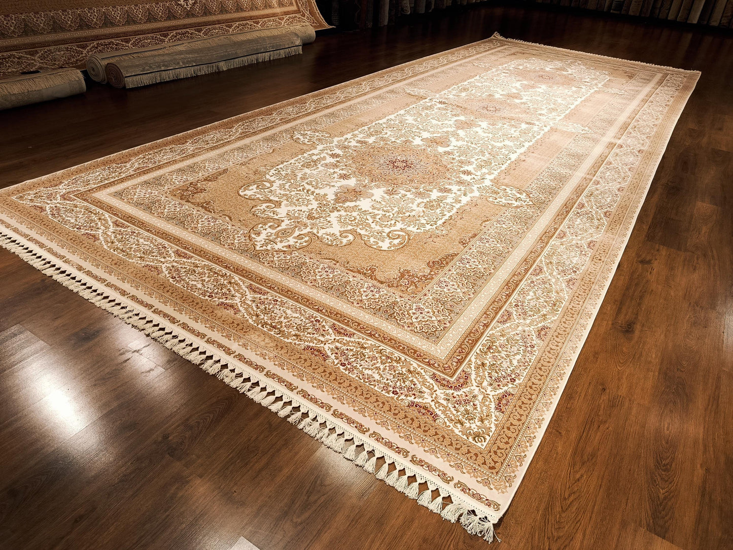 9x23 ft, Large Classic Beige Silk Rug - Distressed Medallion Design Carpet