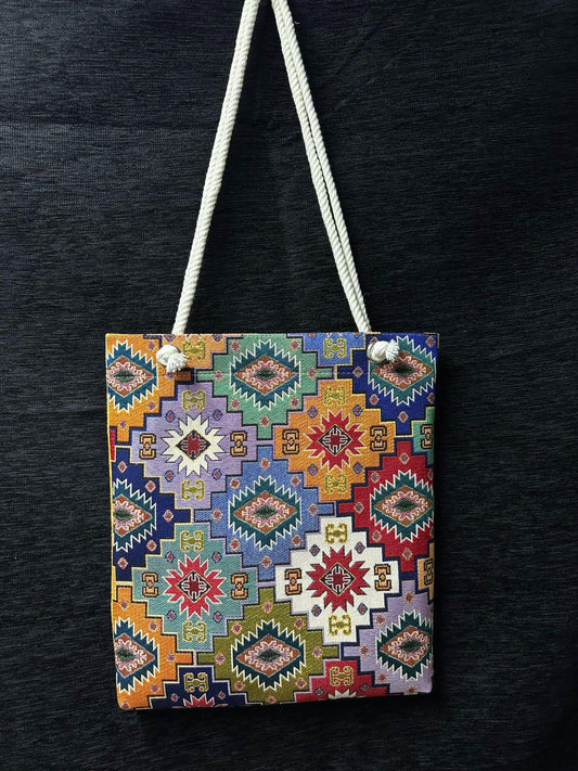Handmade Cotton Shoulder Bag: Colorful Geometric Design