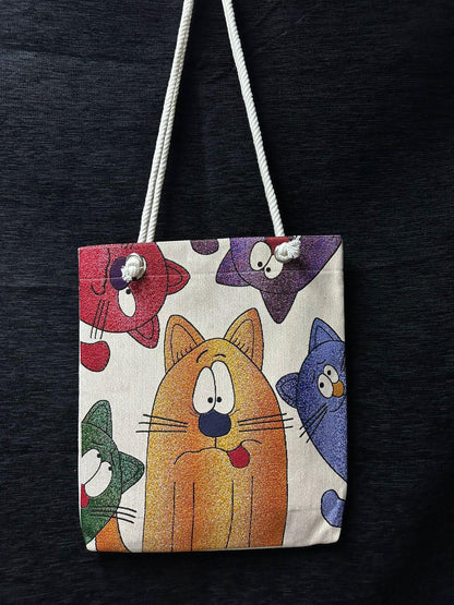 Handmade Cotton Shoulder Bag: Cartoon Cats Tote