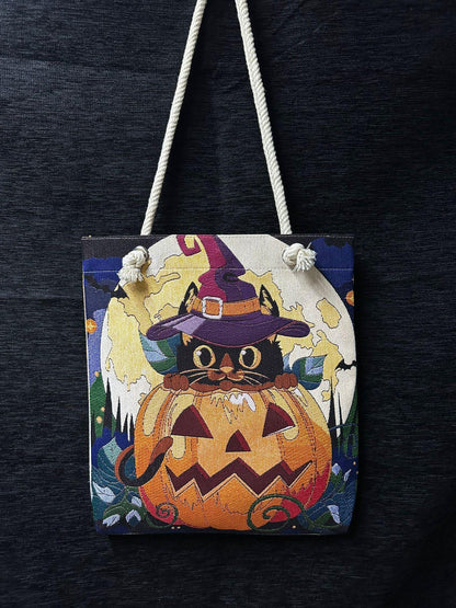 Handmade Halloween Tote Bag: Black Cat Pumpkin Design