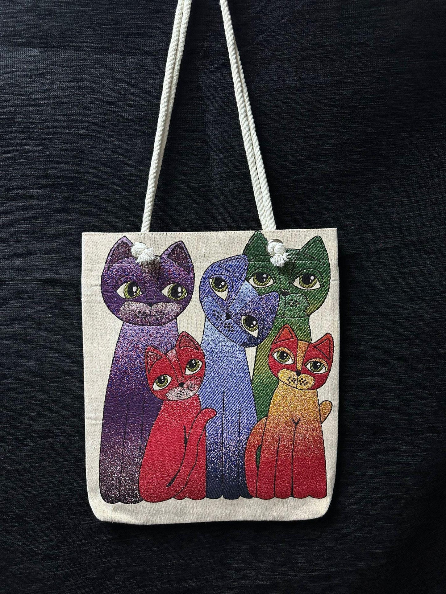 Handmade Cat Print Shoulder Bag: Organic Cotton Blend Tote