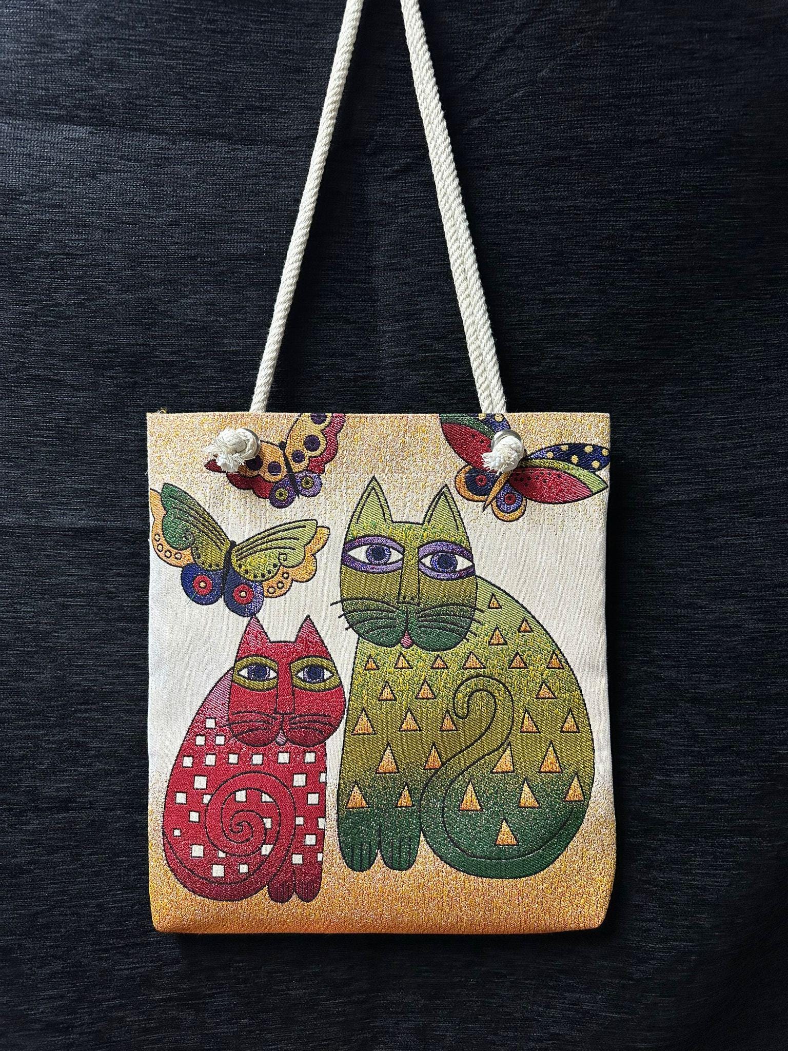 Handmade Cat & Butterfly Shoulder Bag: Organic Cotton Tote