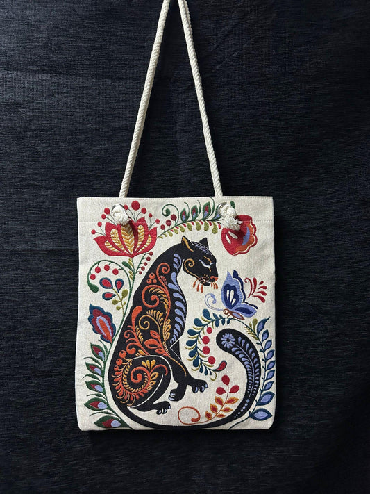 Handmade Floral Panther Shoulder Bag: Organic Cotton Blend