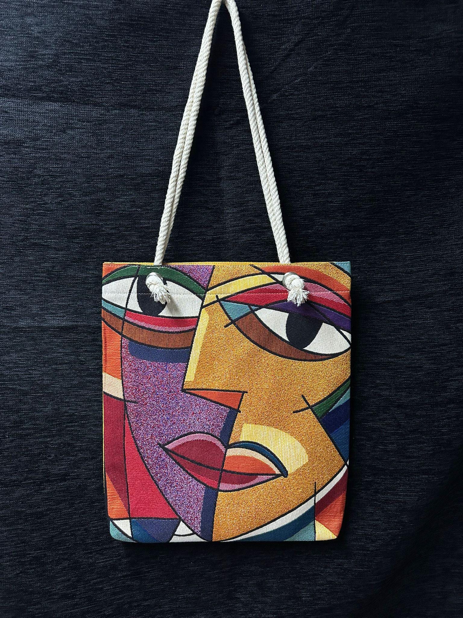 Handmade Abstract Face Shoulder Bag: Cotton Blend Tote (35cmx45cm)
