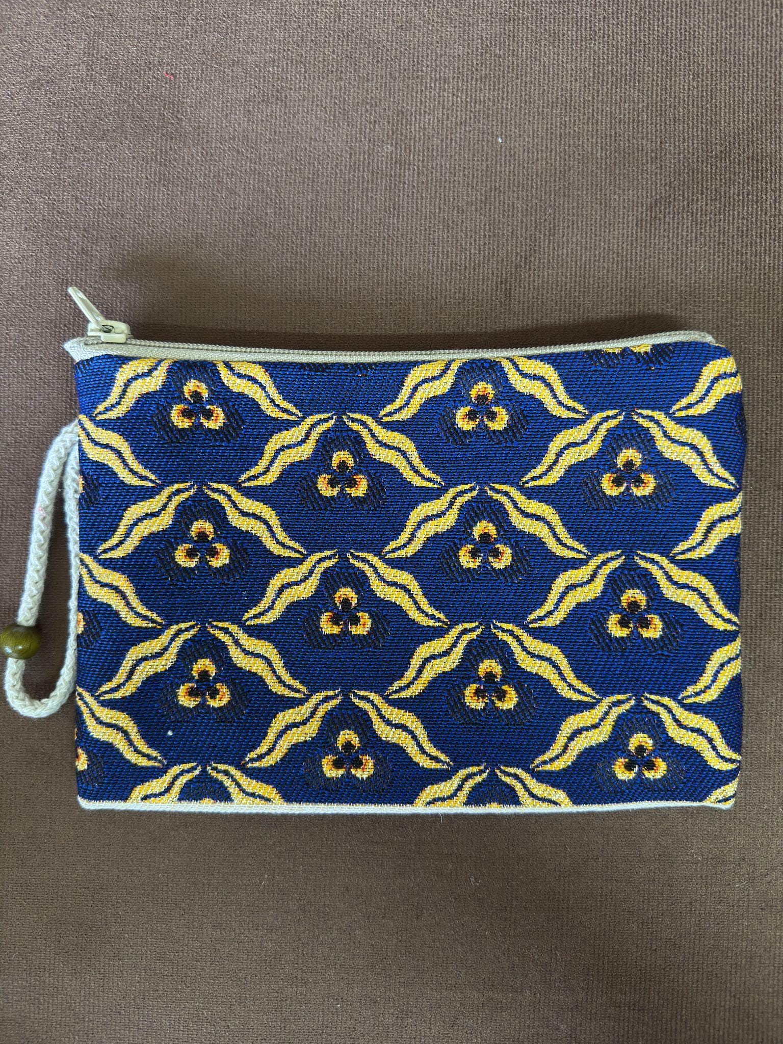 Handmade Gobelin Zipper Pouch – Blue & Yellow Floral Geometric Pattern – Small Wristlet Clutch Purse