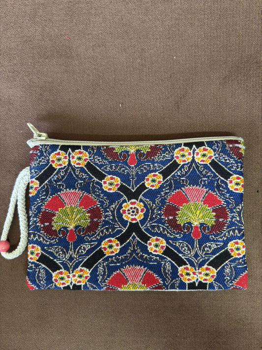 Handmade Ottoman Gobelin Tapestry Purse – Navy Blue Floral Zip Pouch – Traditional Turkish Wristlet Clutch
