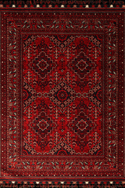 Red Afghan Rug: Washable Chenille Farmhouse Bohemian Rug (3.9 x 5.9 ft)