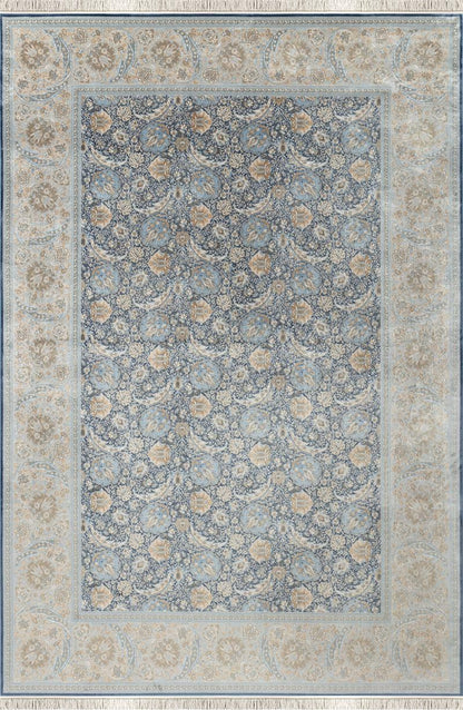 8x11 ft, Blue Classic oriental Silk Rug with Fine Fringes