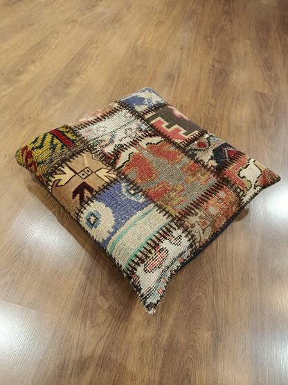 Handmade Patchwork Pillow Cover: Boho Accent Cushion, 24"x24"