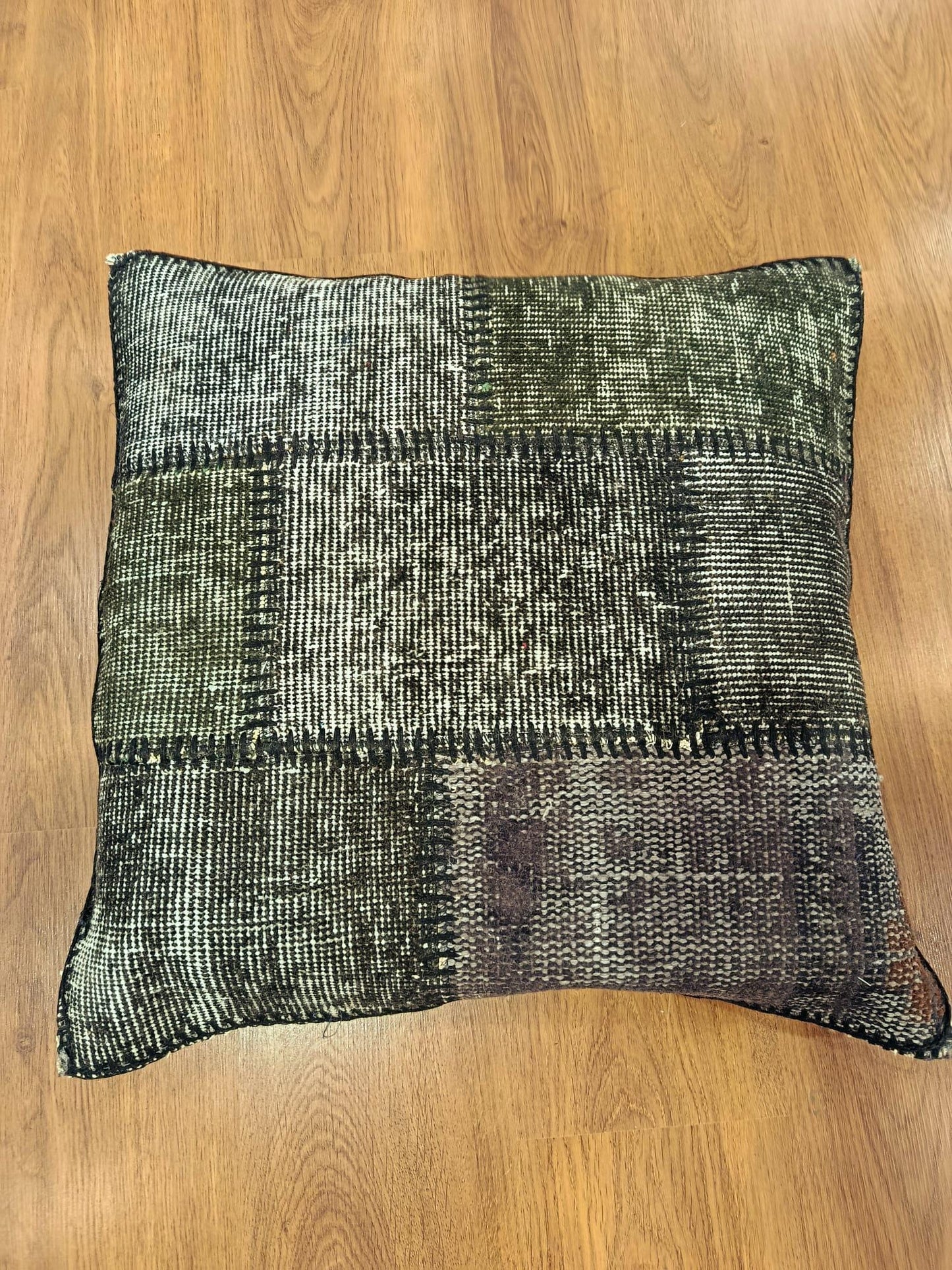 Handmade Gray Patchwork Pillow Cover: Boho Accent Cushion (24"x24")
