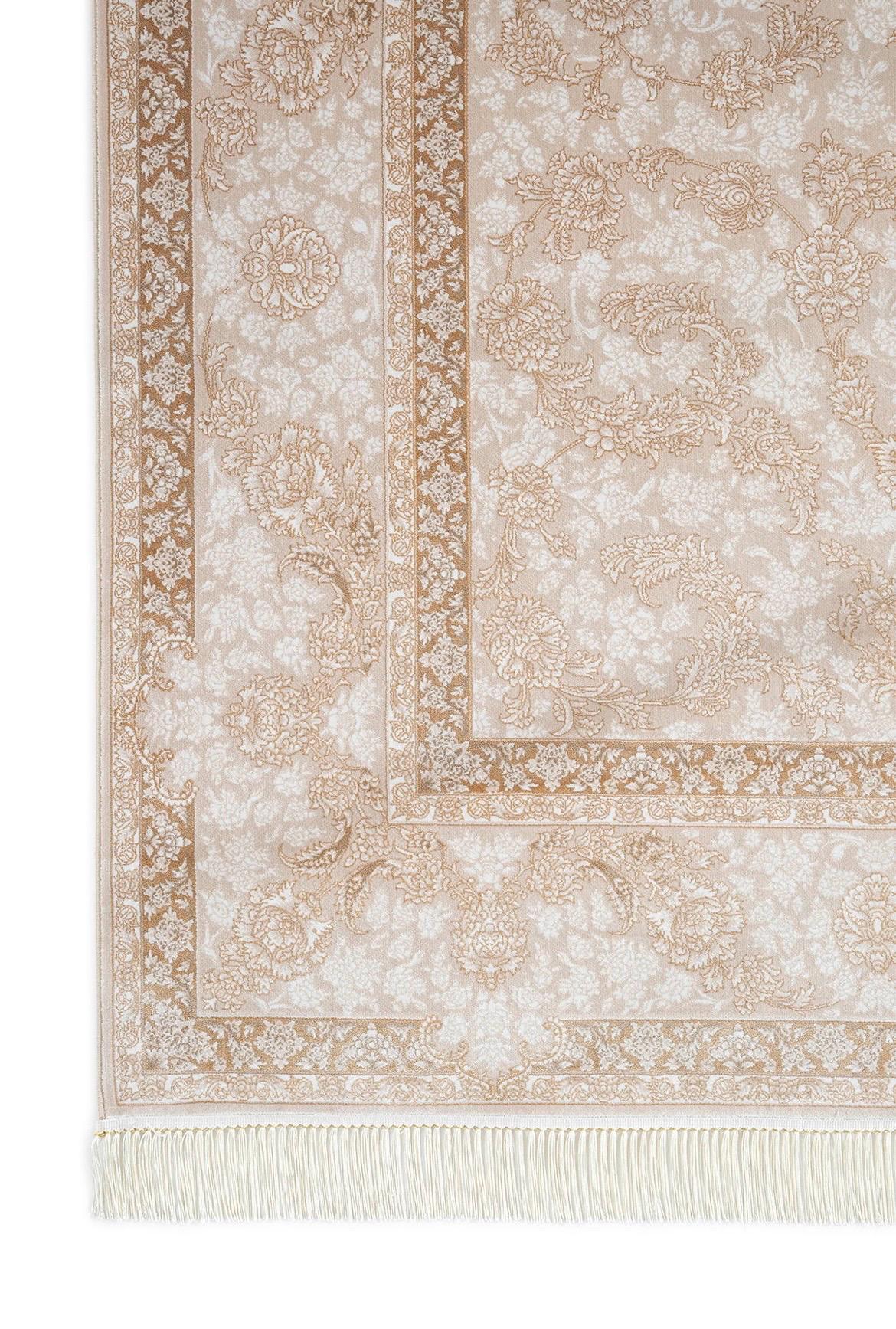 5x7 ft, Classic Beige Silk Rug: Floral oriental carpet with fine tassels