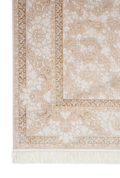 5x7 ft, Classic Beige Silk Rug: Floral oriental carpet with fine tassels