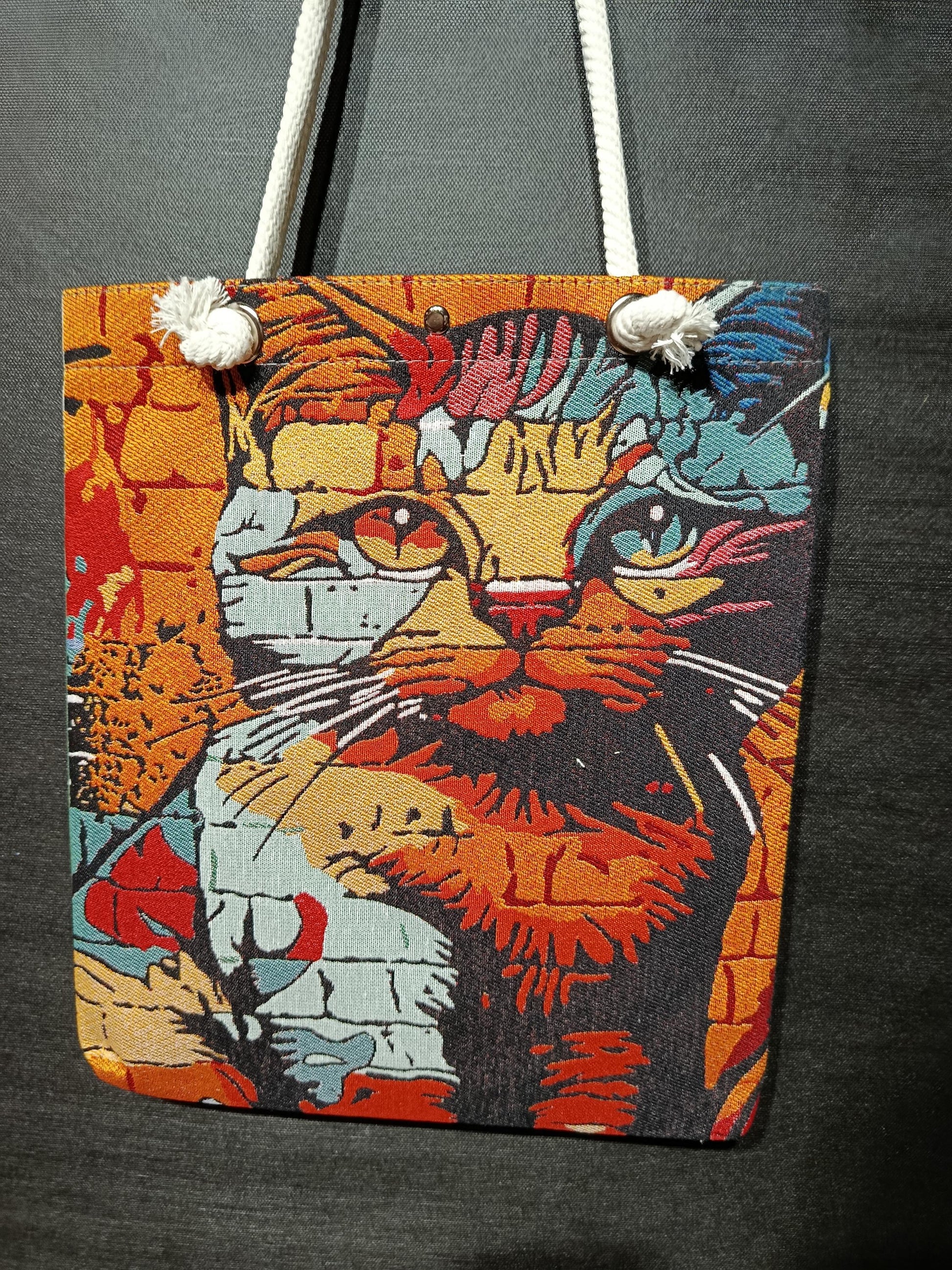 Abstract Cat Tote Bag: Gobelin Tapestry Shoulder Bag - Modern Art Purse