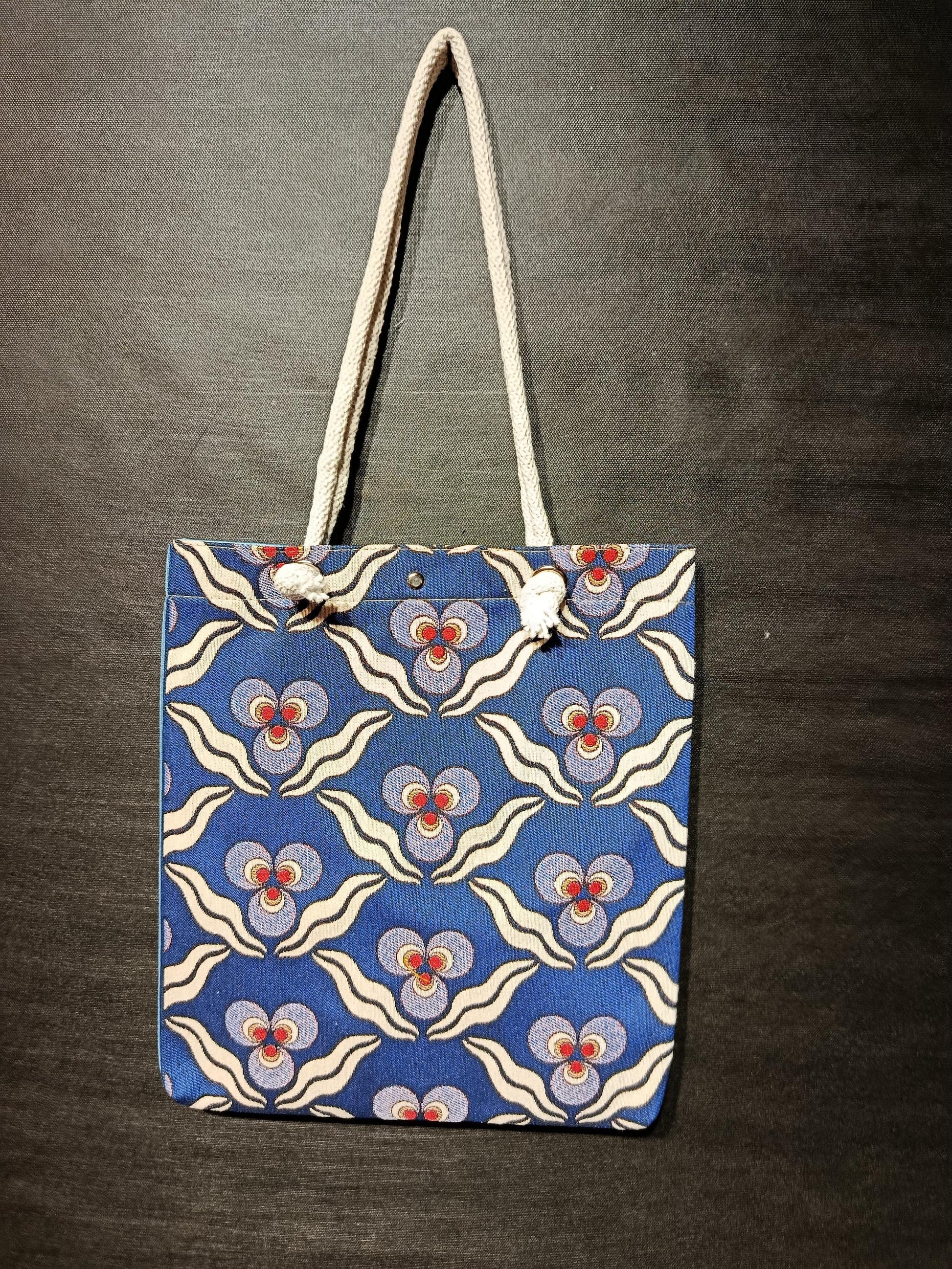 Blue Turkish Floral Tote Bag: Gobelin Tapestry Shoulder Bag