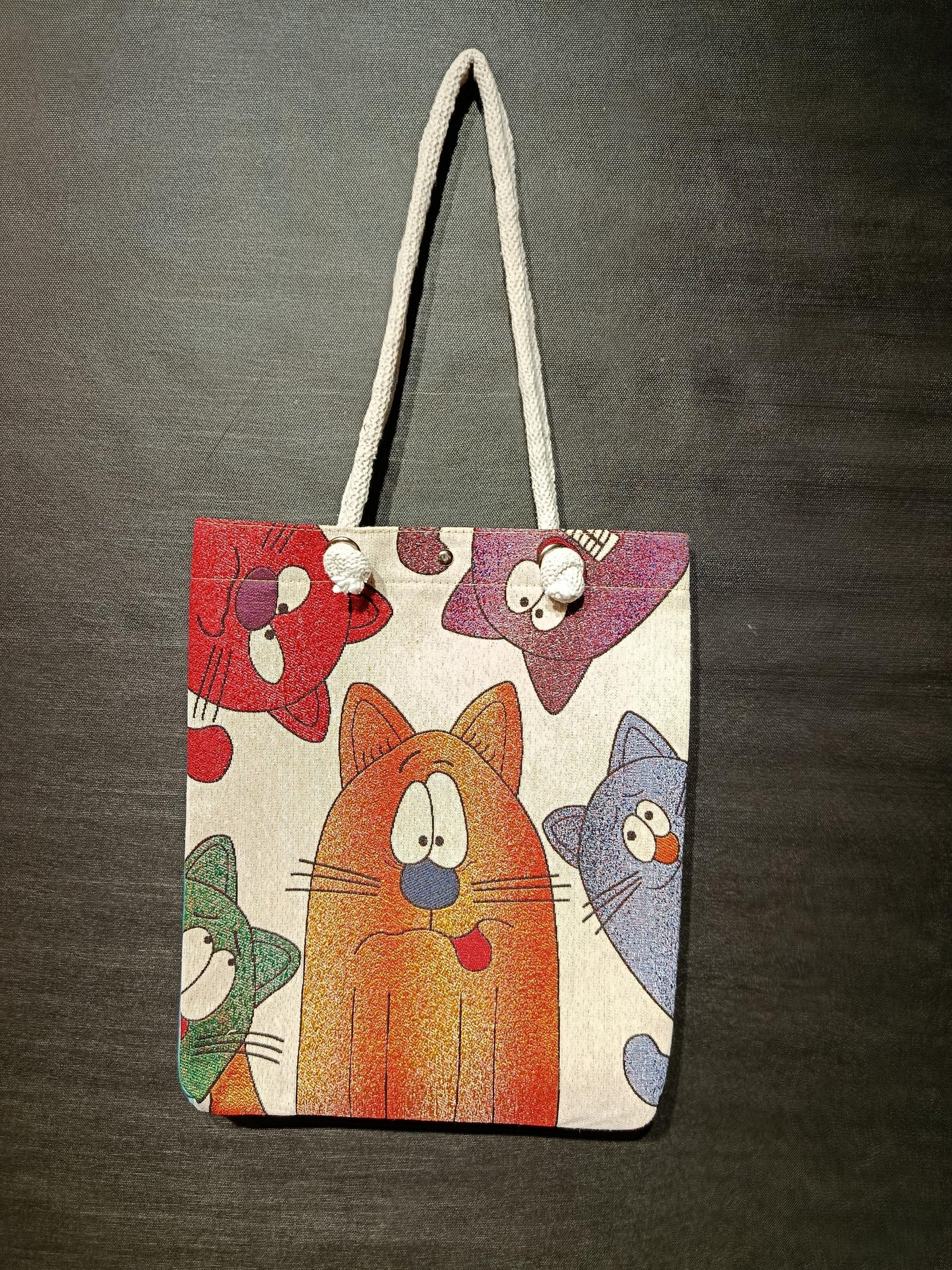 Handmade Cotton Shoulder Bag: Cartoon Cats Tote