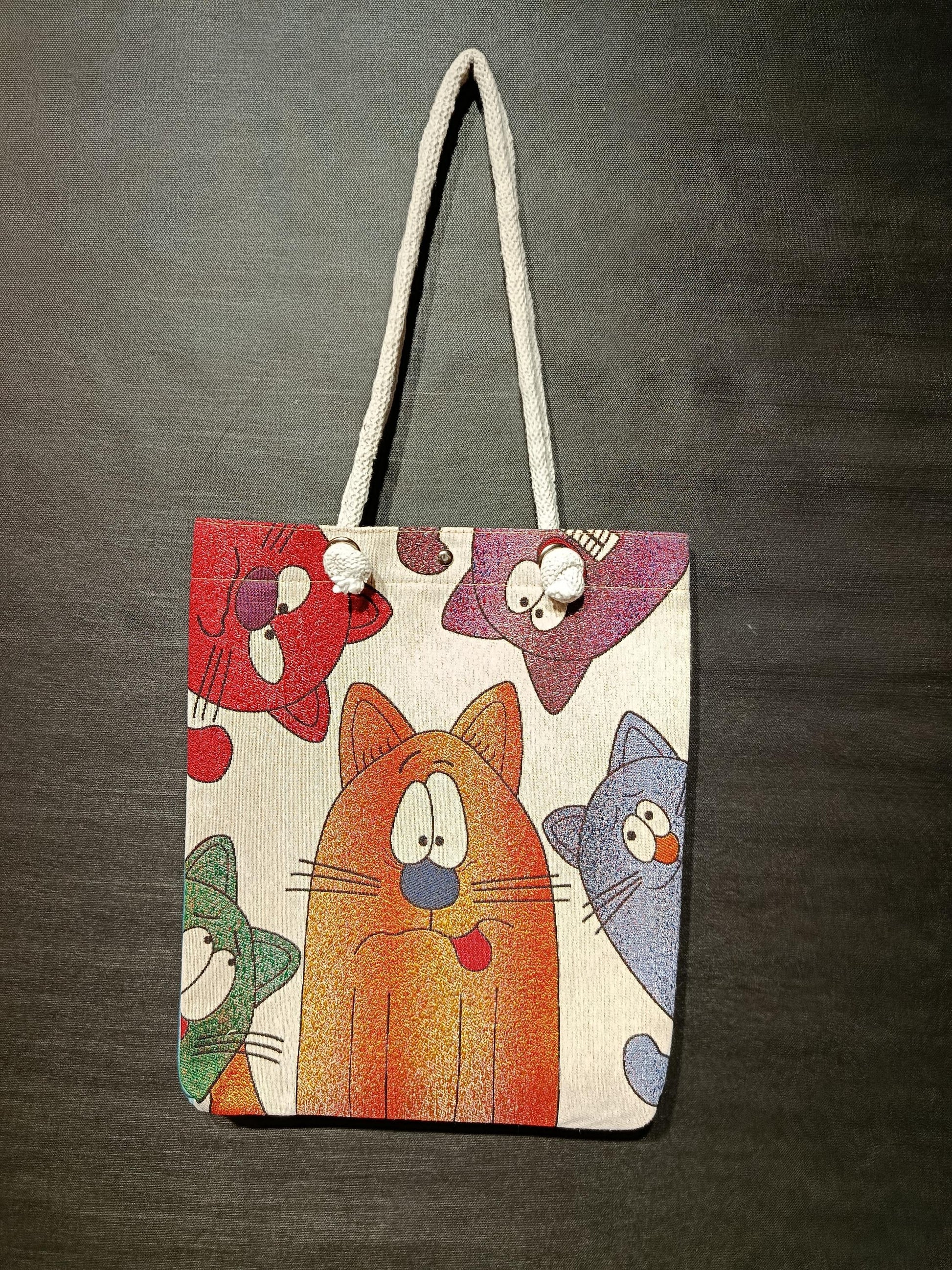 Handmade Cotton Shoulder Bag: Cartoon Cats Tote