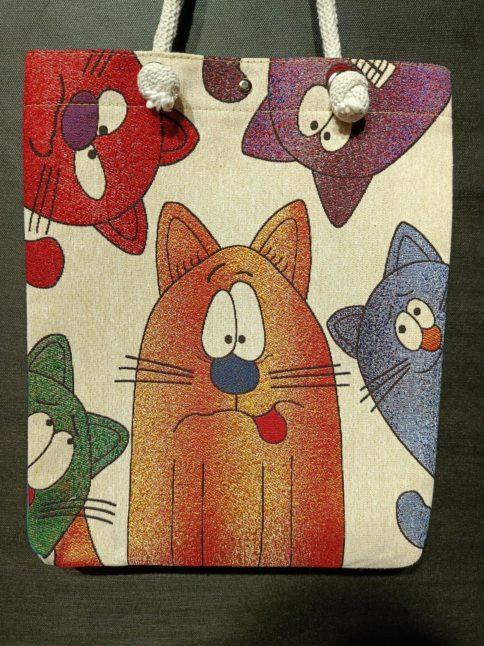 Handmade Cotton Shoulder Bag: Cartoon Cats Tote