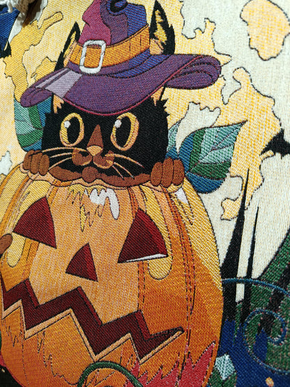 Handmade Halloween Tote Bag: Black Cat Pumpkin Design