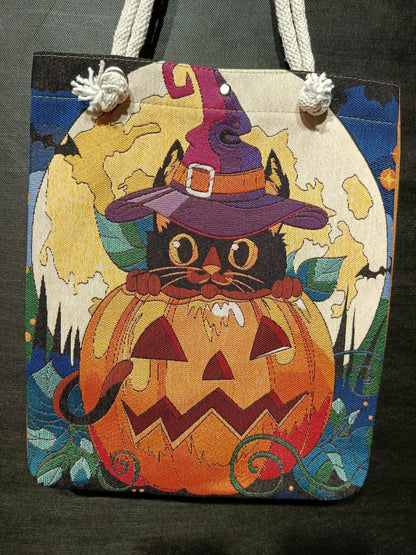 Handmade Halloween Tote Bag: Black Cat Pumpkin Design