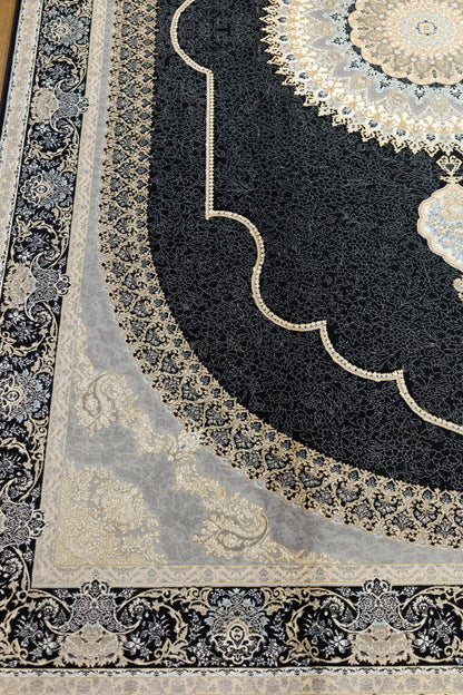 5x7 ft, Black Classic Medallion Silk Rug with bamboo yarn: Oriental design carpet