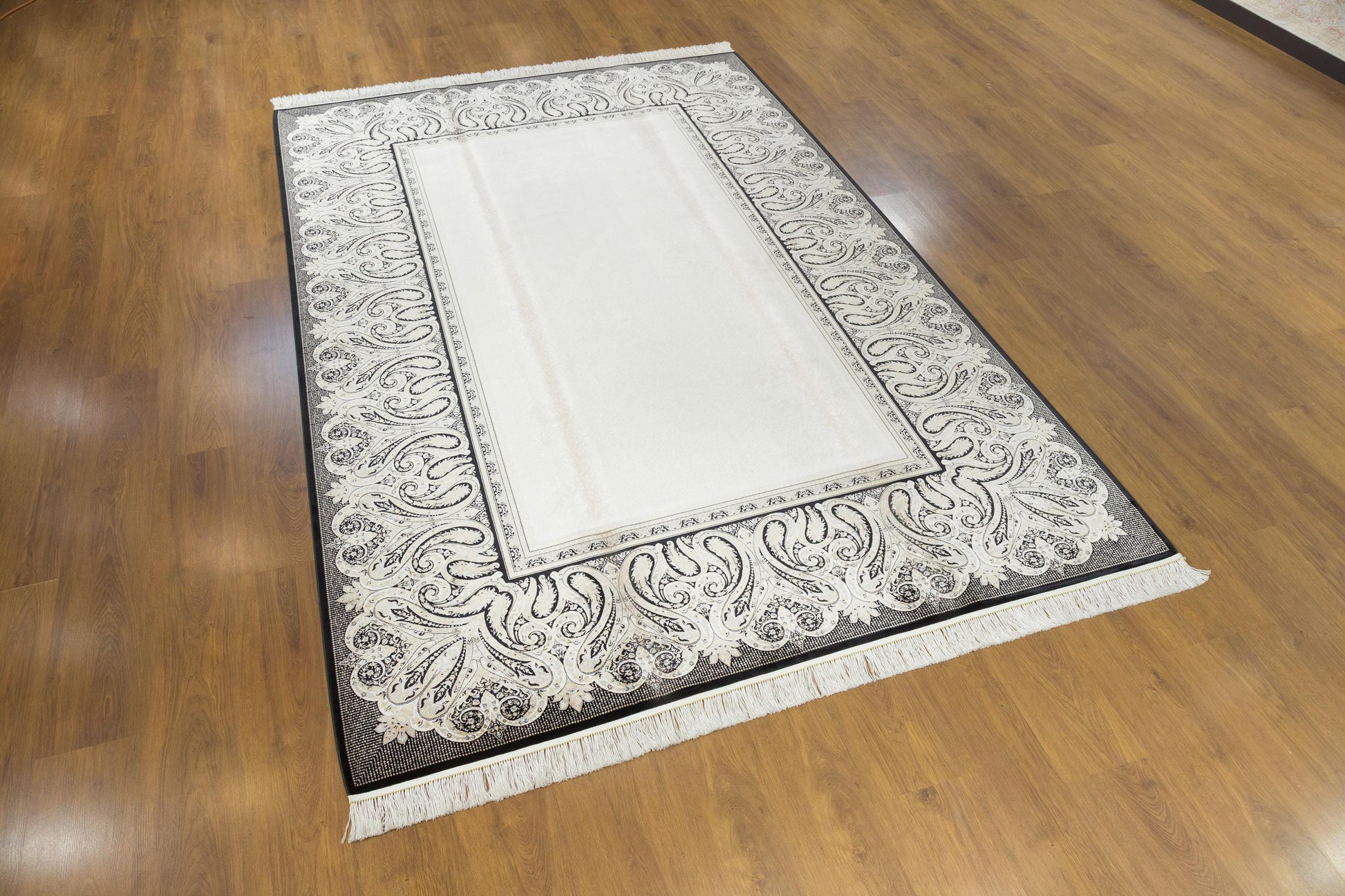 7x10 ft, Black Classic Silk Rug with paisley desing on the border, fine fringes
