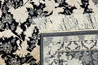 7x10 ft, Classic Black Silk Rug: Oriental black fine carpet with Fringes