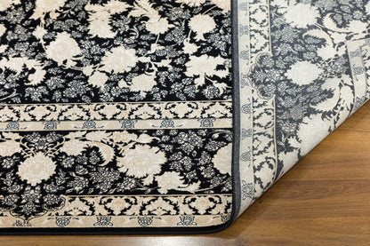 7x10 ft, Classic Black Silk Rug: Oriental black fine carpet with Fringes