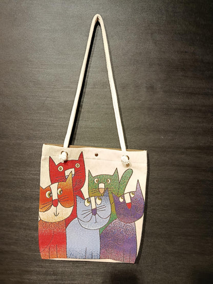 Handmade Cotton Shoulder Bag: Colorful Cats Design