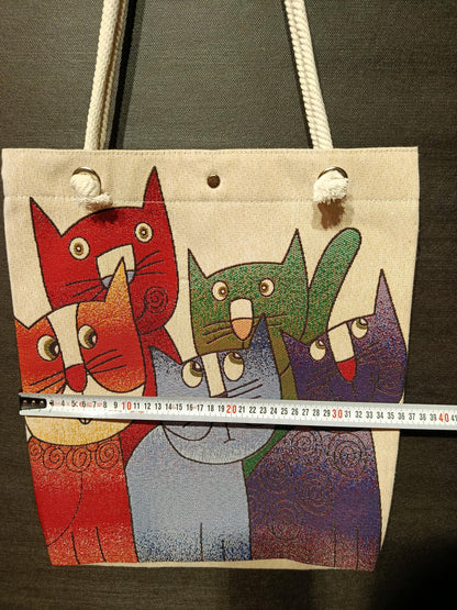 Handmade Cotton Shoulder Bag: Colorful Cats Design