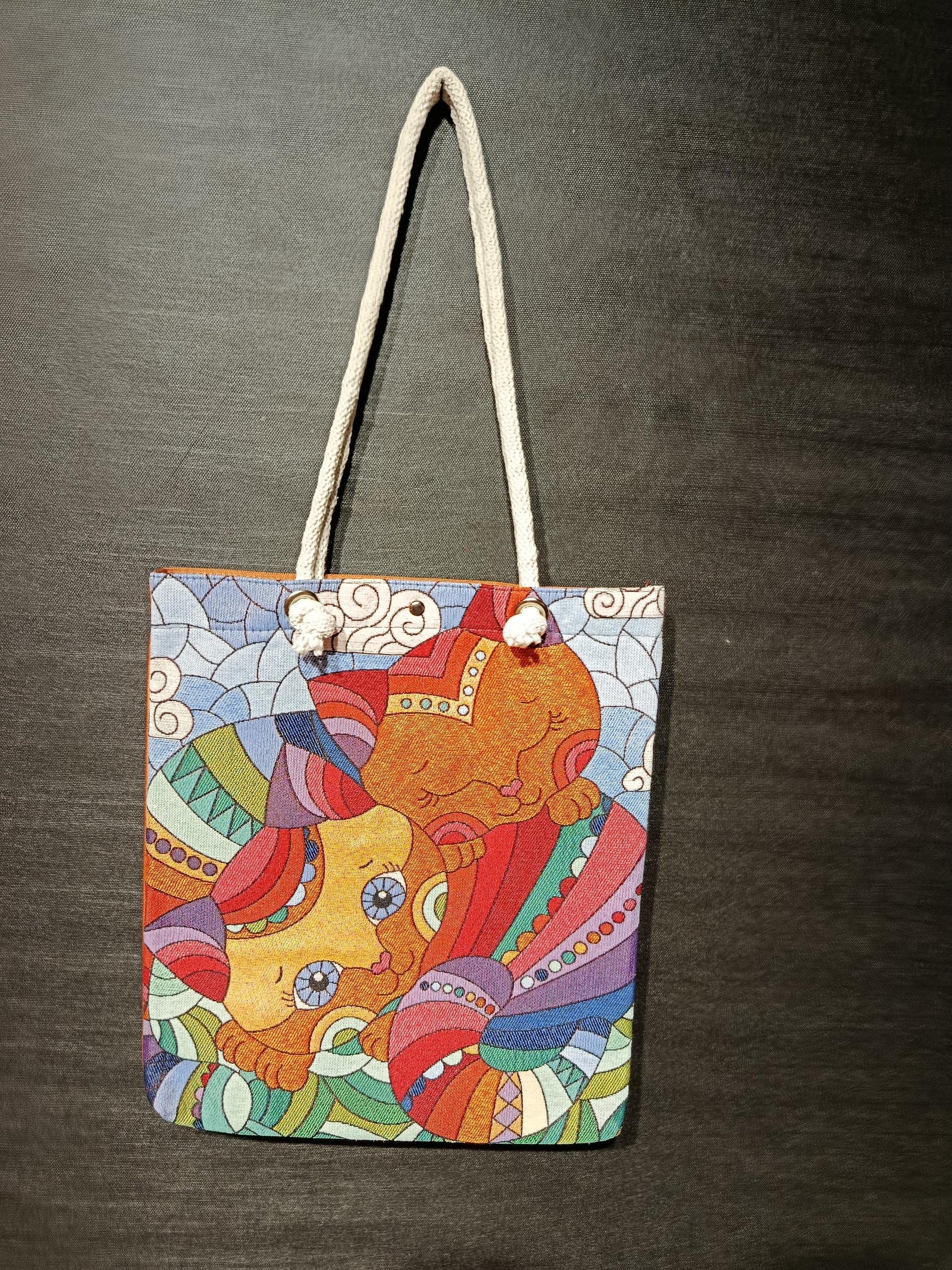 Handmade Cotton Shoulder Bag: Colorful Cat Design