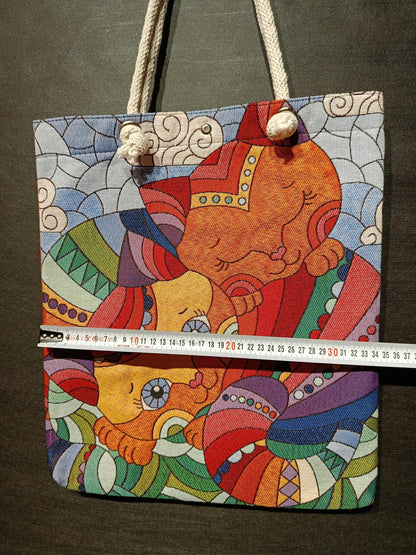 Handmade Cotton Shoulder Bag: Colorful Cat Design