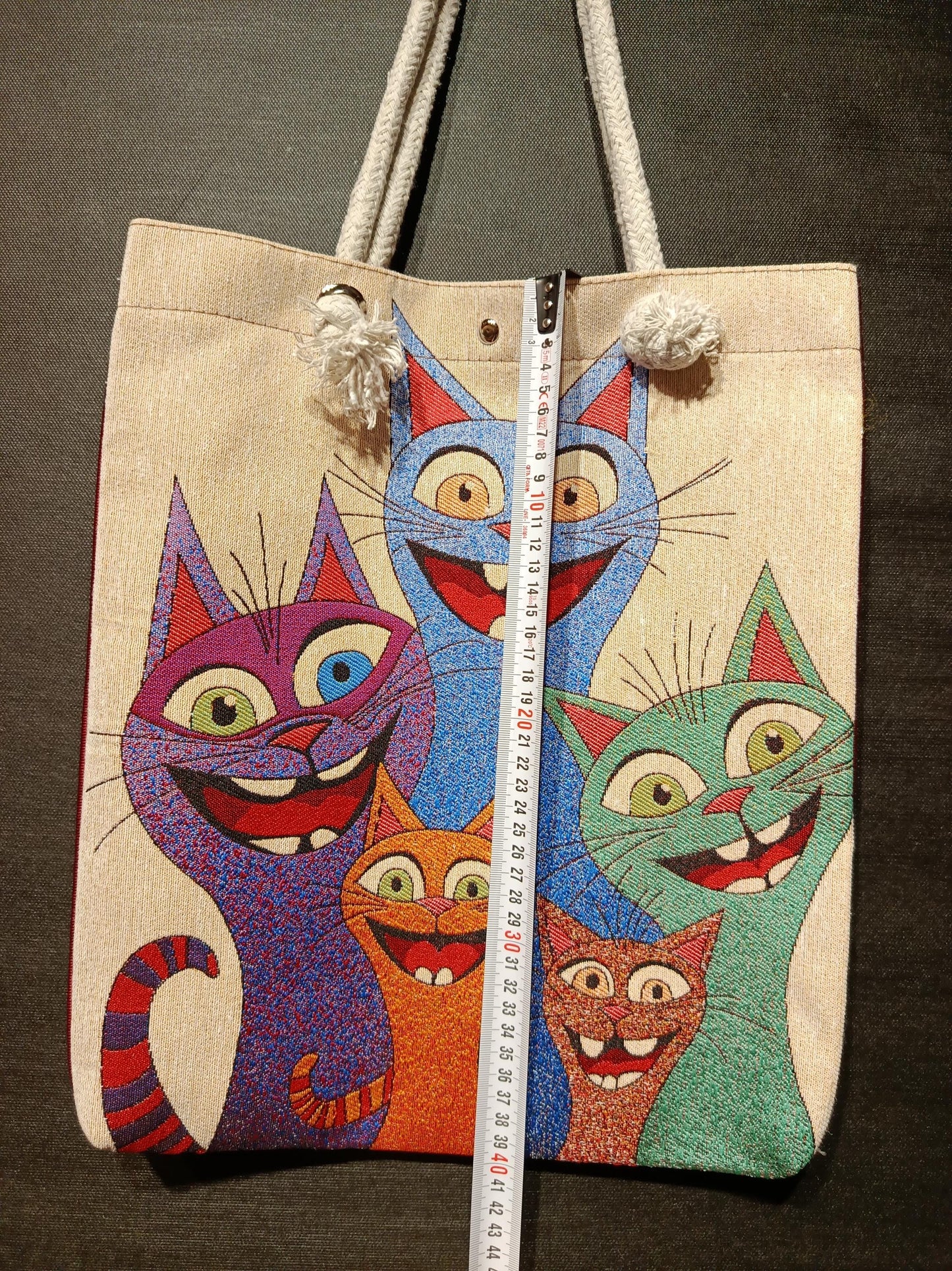 Handmade Shoulder Bag: Colorful Cats Design, Organic Cotton Blend (35cmx45cm)