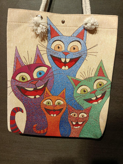 Handmade Shoulder Bag: Colorful Cats Design, Organic Cotton Blend (35cmx45cm)