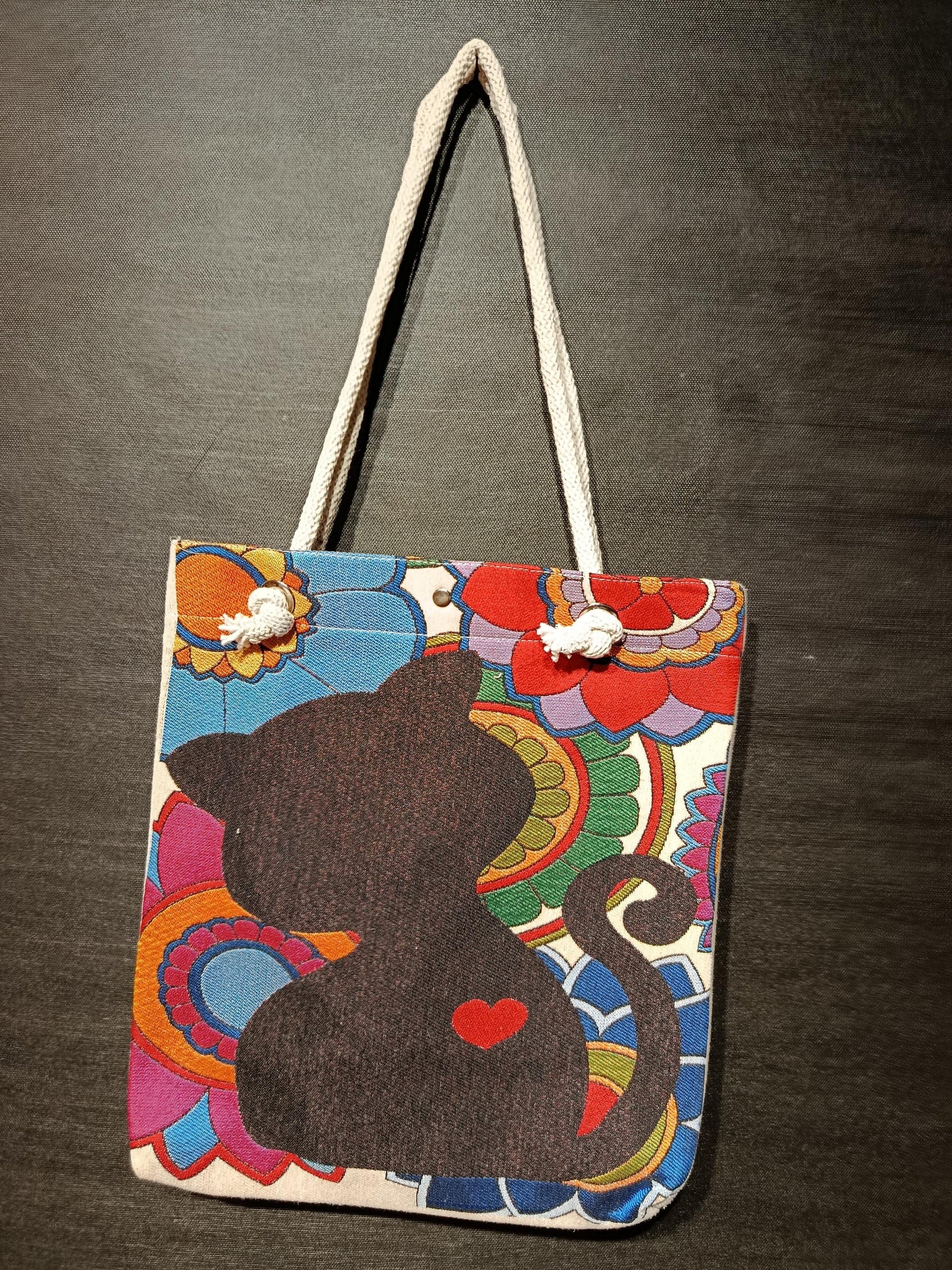 Boho Black Cat Tote Bag: Floral Gobelin Tapestry, Handmade Turkish Shoulder Bag