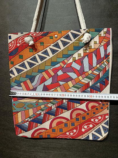 Handmade Colorful Pattern Tote Bag: Organic Cotton Shoulder Bag