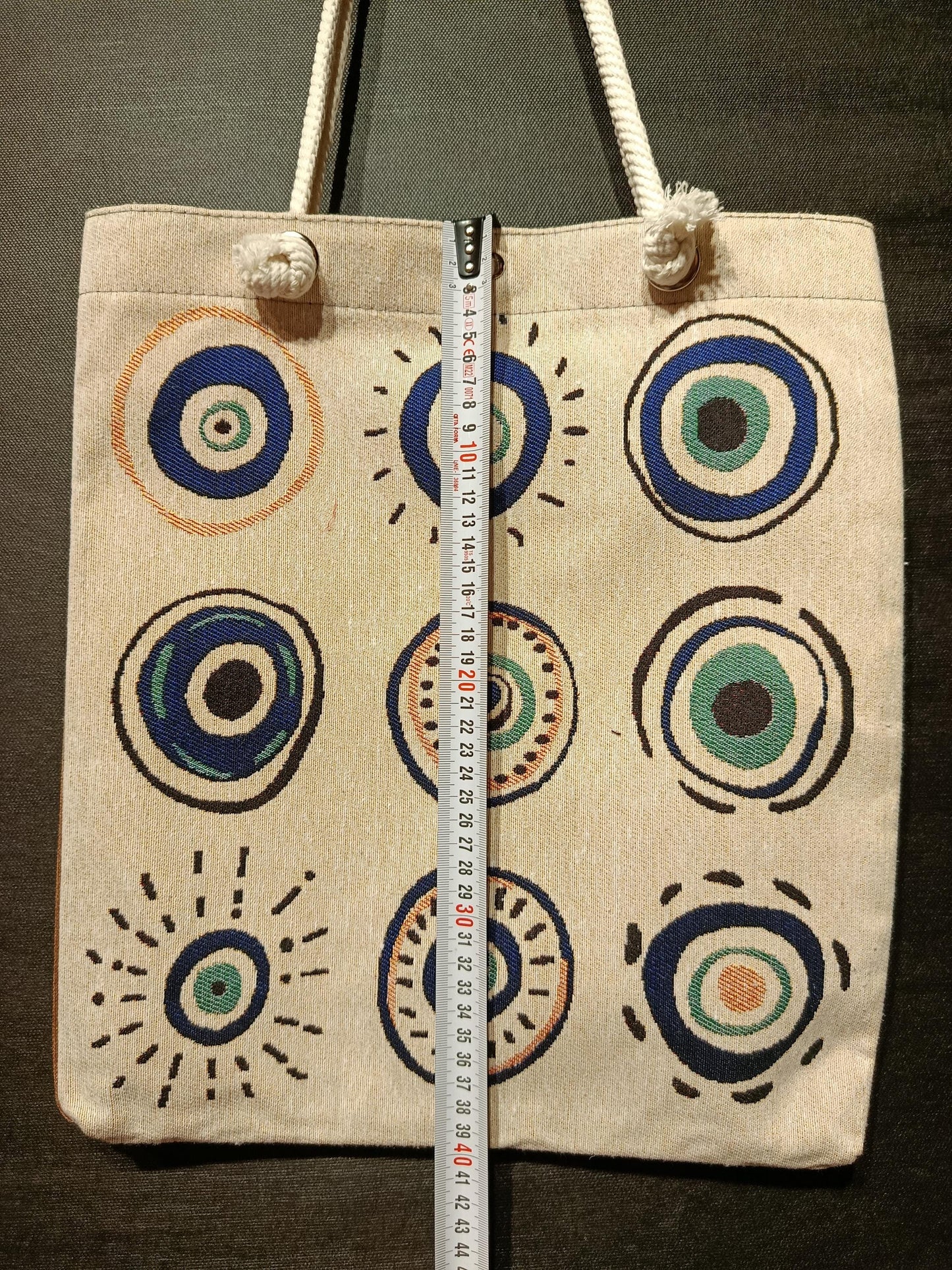Handmade Shoulder Bag: Organic Cotton Blend, Evil Eye Design (35cmx45cm)