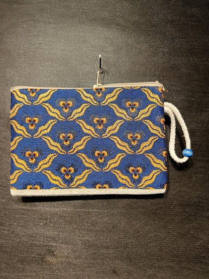 Handmade Blue Gobelin Pouch – Floral Woven Clutch Bag with Yellow Accents – Small Zipper Purse