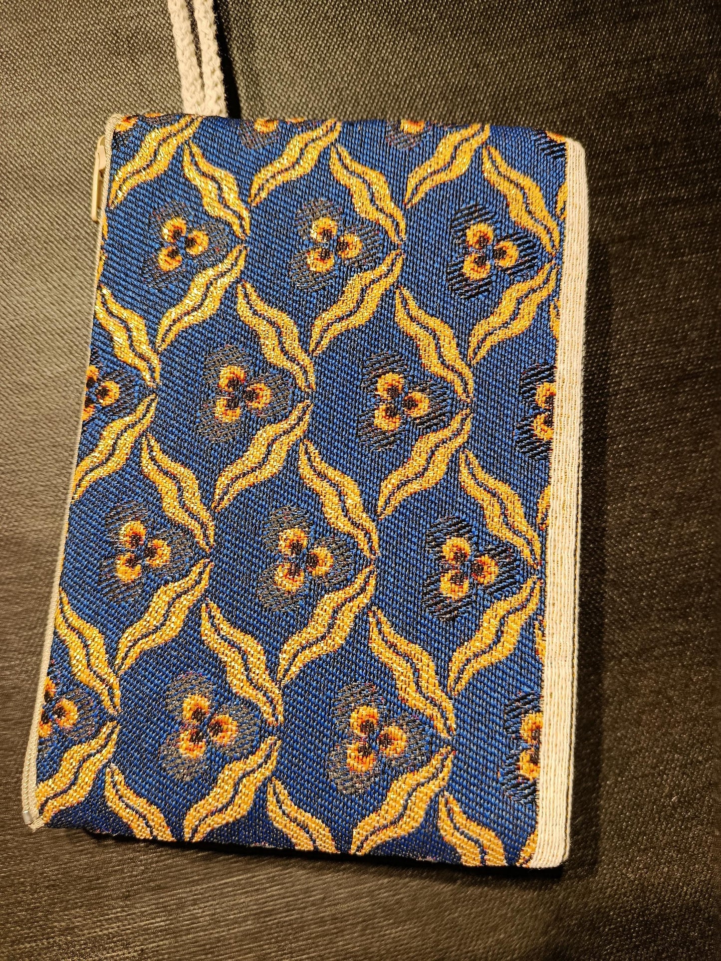 Handmade Blue Gobelin Pouch – Floral Woven Clutch Bag with Yellow Accents – Small Zipper Purse