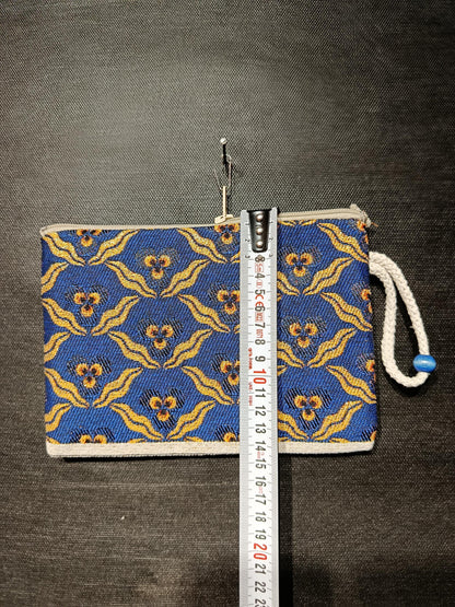 Handmade Blue Gobelin Pouch – Floral Woven Clutch Bag with Yellow Accents – Small Zipper Purse