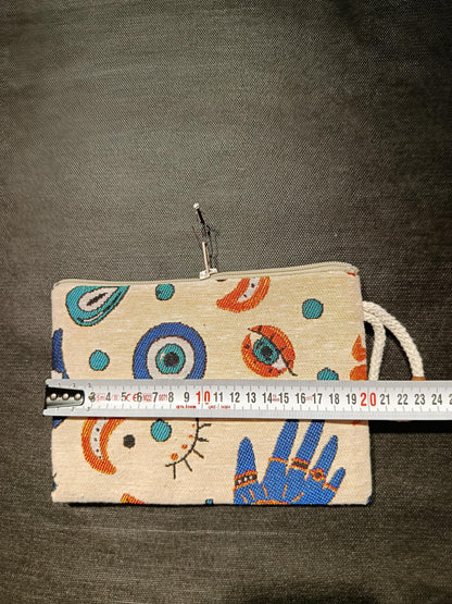 Handmade Gobelin Evil Eye Pouch – Boho Zipper Purse with Mystical Symbols – Small Clutch Bag