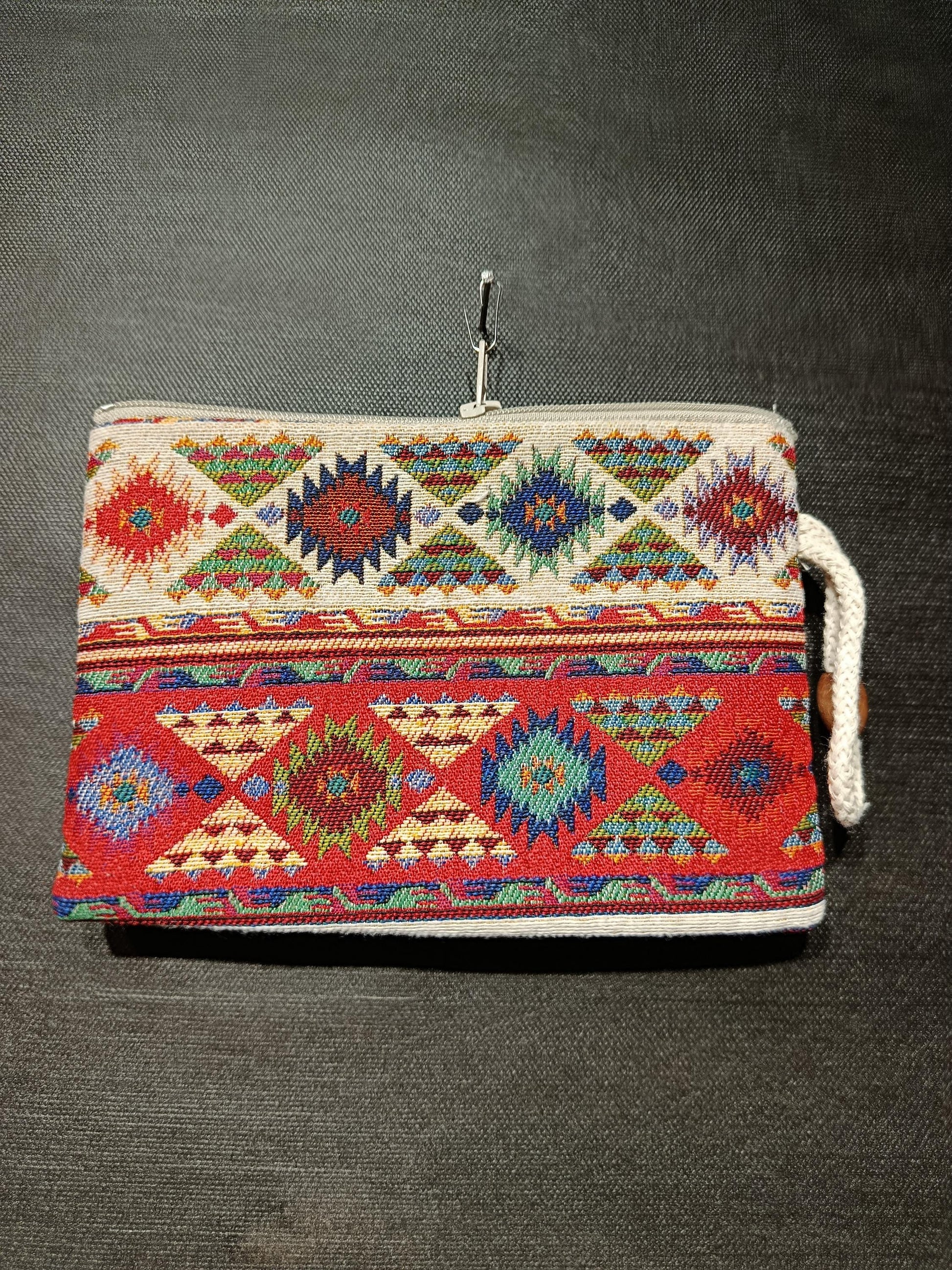 Handmade Gobelin Kilim Clutch – Tribal Patterned Tapestry Pouch – Small Boho Zipper Purse