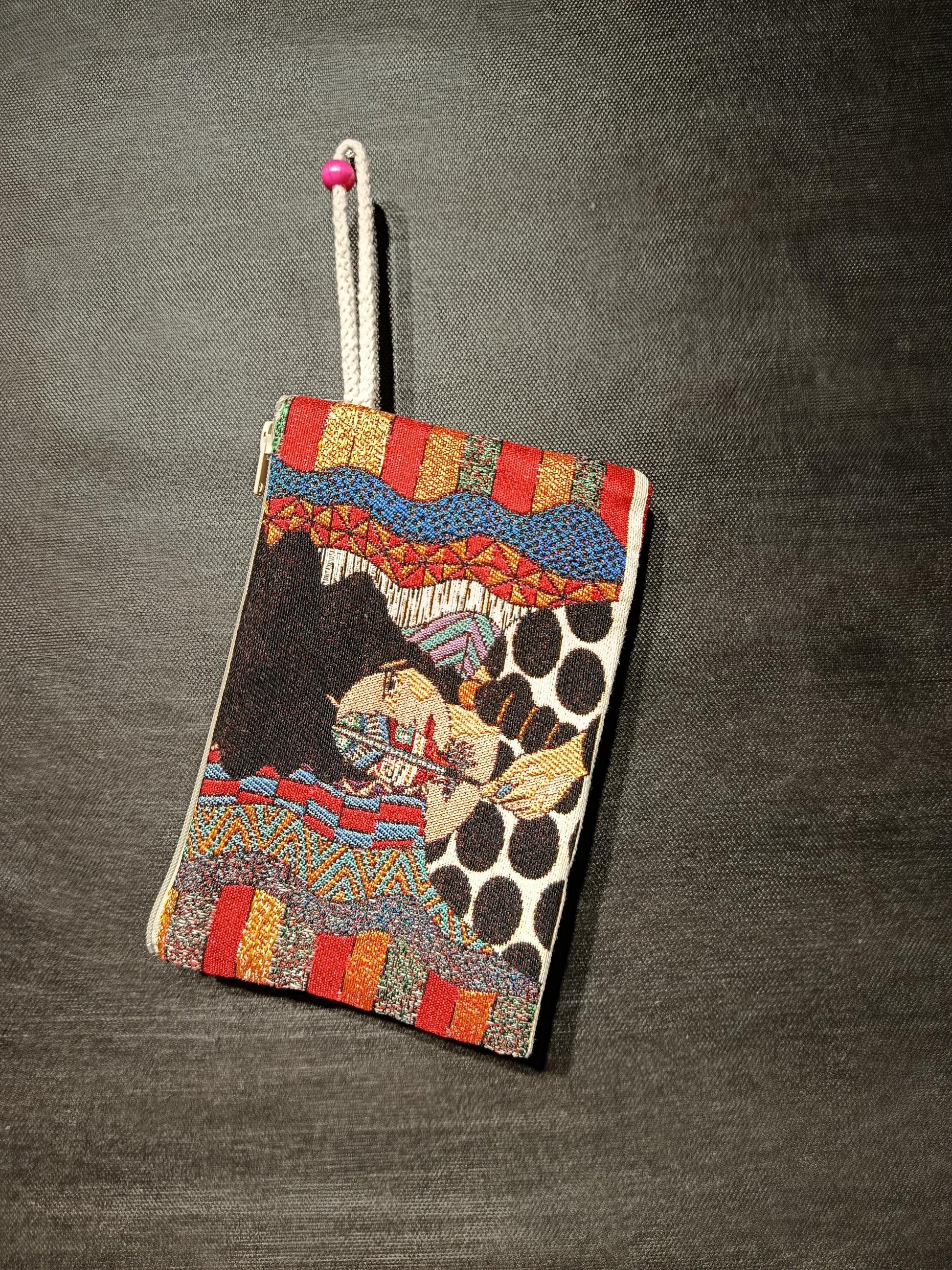 Handmade Gobelin Clutch with Abstract Woman Art – Colorful Tapestry Purse – Boho Artistic Zip Pouch