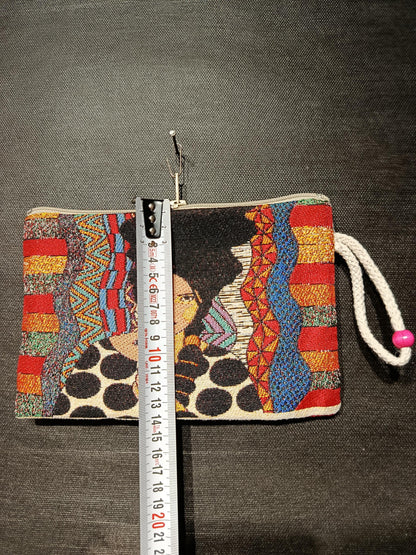 Handmade Gobelin Clutch with Abstract Woman Art – Colorful Tapestry Purse – Boho Artistic Zip Pouch