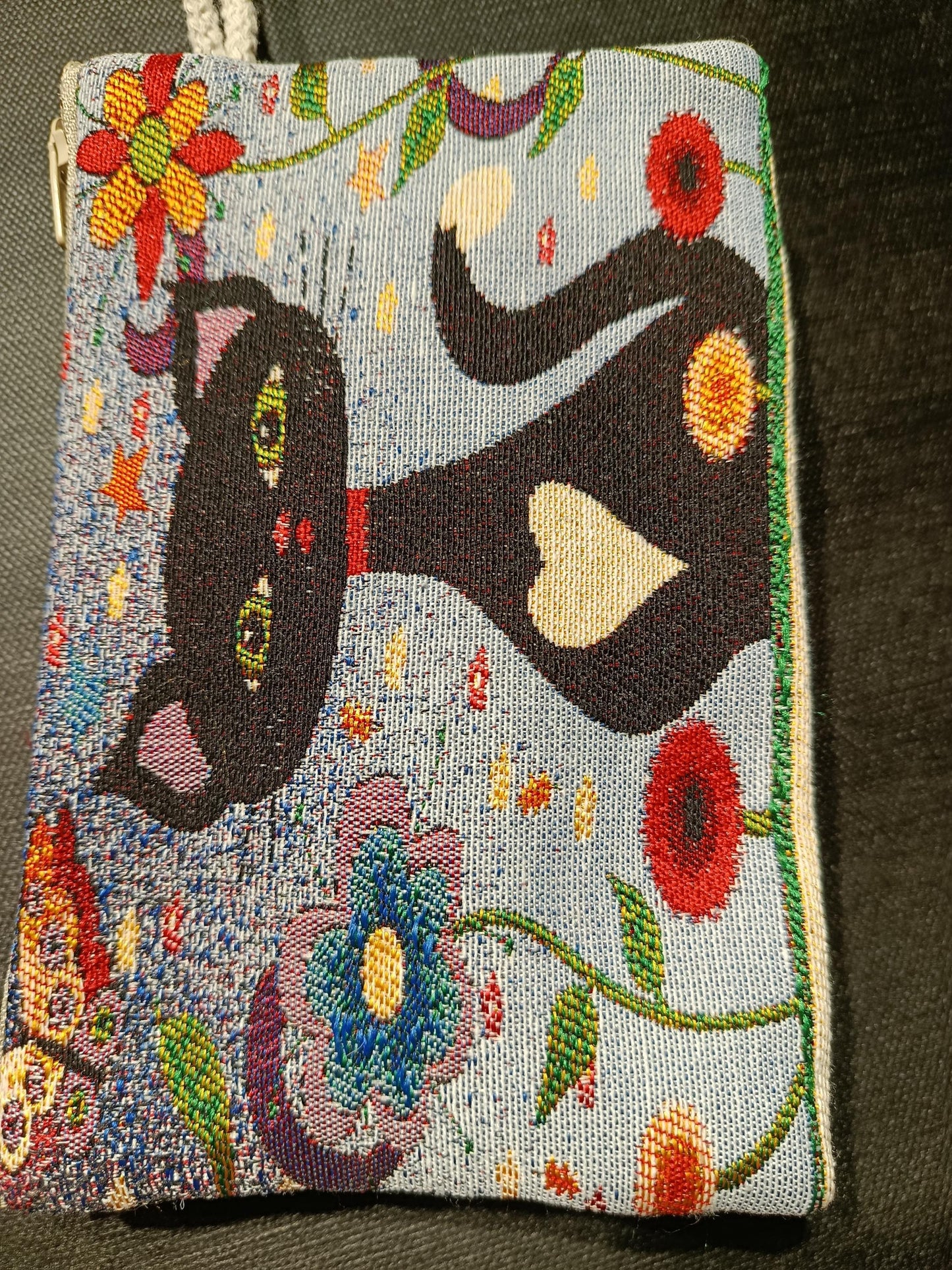 Handmade Gobelin Cat Purse – Colorful Black Cat Clutch with Heart Motif and Floral Design