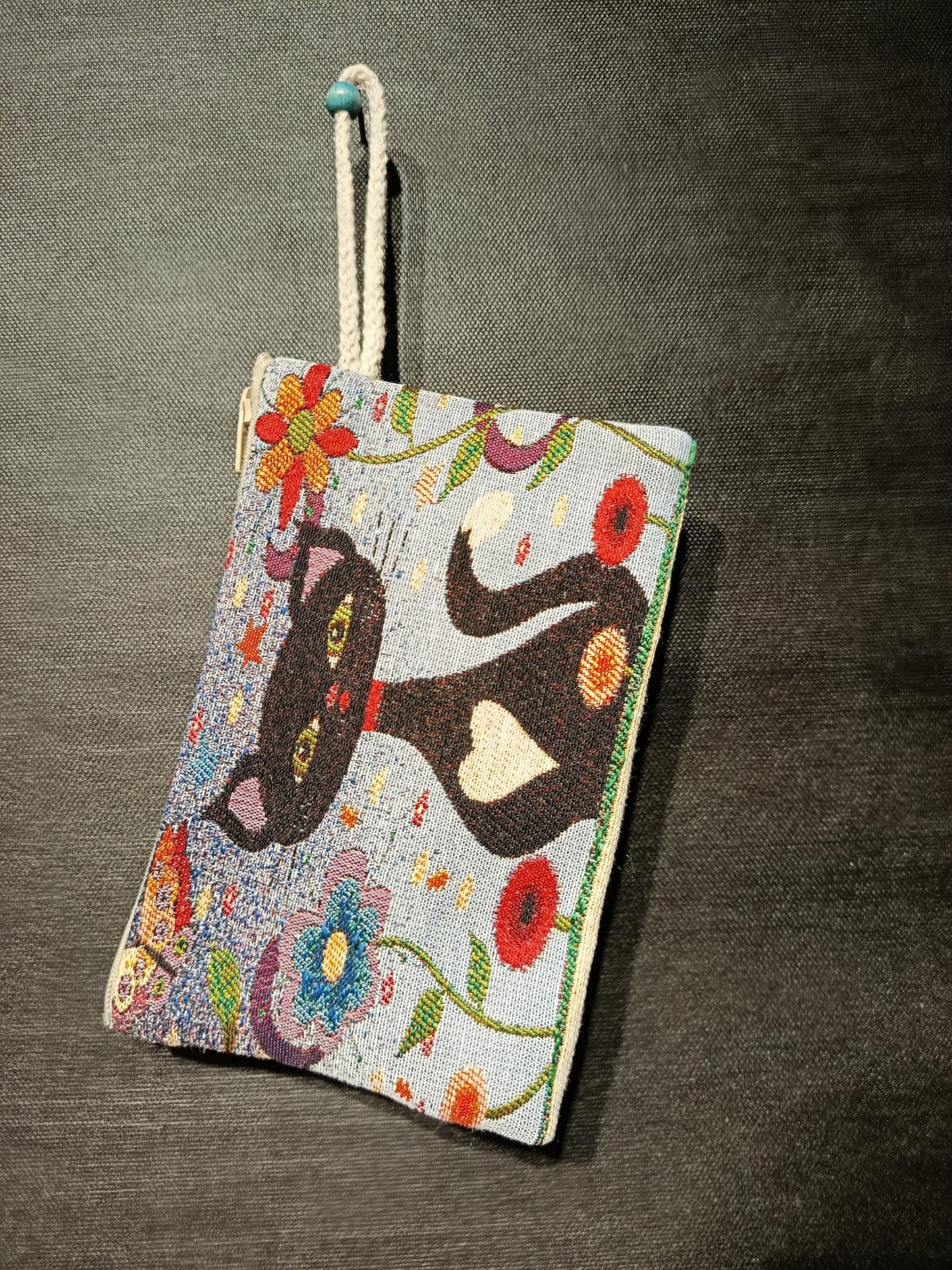 Handmade Gobelin Cat Purse – Colorful Black Cat Clutch with Heart Motif and Floral Design